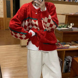 Retro Contrast Color Plaid Twist Sweater Jacket Women Loose Lazy Knit Sweater New Autumn and Winter New Year Sweater Women