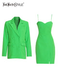 Sexy Two Piece Set Womens Square Collar Sleeveless High Waist Dresses Notched Long Sleeve Blazers Solid Sets