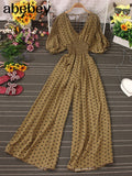Jumpsuit Women Casual Elegant Polka Dot Puff Sleeve High Waist Chiffon Wide Leg Playsuit Female Rompers