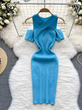 Summer Knitted Midi Dress Women Elastic Waist Bodycon Sundress 2022 Ladies Fashion knit Off the Shoulder Slim