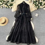 High-End Women's Dress 2025 Spring Collection Heavy Industry Embroidery V Neck Lantern Sleeve Single Row Buckle Long