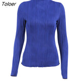Summer Casual Blue Slim O-Neck T Shirt Knitted Pleated Wild Autumn Long Sleeve Top Female Skinny Streetwear Jersey Top