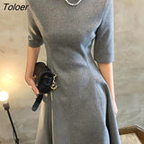 Gray Elegant Dress Women O Neck High Waisted Chic Dress Bodycon Female Puff Sleeve Solid Business Streetwear Women