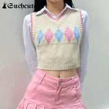 SUCHCUTE Preppy Style Argyle Plaid Sweater Vest Women V Neck Cropped Knitted Vest Streetwear Autumn 2020 Ladies