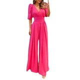 Women Jumpsuit Puff Short Sleeve V Neck Backless Nipped Waist Loose Wide Legs Casual Pants Romper High