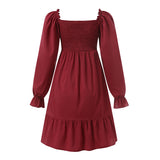 Celmia Elegant Women Ruffled Sundress 2022 Puff Long Sleeve Sexy Square Collar Mini Dress Casual Solid Pleated Party