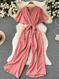 V Neck Jumpsuits Summer Female Irregular Casual Rompers Women Wide leg Summer Overalls