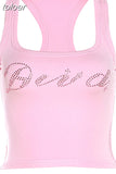 Y2k 2000s Tank Tops Womans Cute Rhinestone Letter Pink Crop Top Womens Clothing Summer 2023 Graphics Tees