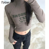 Korean Fashion Letter Print Knitted Crop Tops High Collar Grunge Casual Long Sleeve Women T-shirts Skinny Retro
