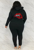 Casual Plus Size Beaded Mounth Long Sleeve Hoodies And Sweatpants 2 Piece Jogger
