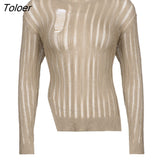 Knitted Pullover Sweaters Women Autumn High Street Casual Long Sleeve Tops Sexy Hole See Through Pullover Y2K
