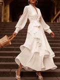 Plain Dress For Women V Neck Long Sleeve High Waist Bandage Sexy Midi Dresses Female 2023 Spring Fashion Clothing