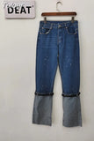 2023 Summer 2023 New Women's Jeans High Waist Graffiti Patchwork Contact Color Leather Button Denim Pants Tide