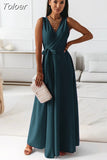 For Women 2023 Sexy Loose Slim V Neck Solid Color Long Dresses White Sleeveless Elegant Party Evening Robe Maxi