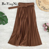 2020 Autumn Summer Women Skirt Midi With Belt Pleated Female Skirts Casual Luxury Korean Faldas Ladies Saias Chic