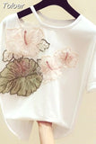 Korean Fashion Women T-shirts Short Sleeve T Shirt 2023 Summer Embroidery Flower Top Ladies White Graphic Tees