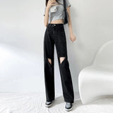 Ripped Jeans Women Classic Gradient Blue Baggy Washed Retro High Waist Straight Loose Wide Leg Woman Large Size Denim