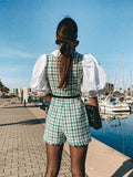 Fashion Elegant Women Puff Sleeve Patchwork Tweed Playsuits Vintage Girls Jumpsuits Pockets Ladies Plaid Romper With