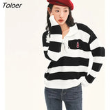 Women Sweaters 2022 Autumn Long Sleeves Polo Collar Lace-up Knitted Pullover Striped Graphic Print Elegant Vintage