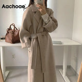 Aachoae Women Elegant Long Wool Coat With Belt Solid Color Long Sleeve Chic Outerwear Ladies Drop Shoulder Overcoat