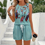 Summer New Feather Printed Casual Fashion Round-Neck Shorts Set For