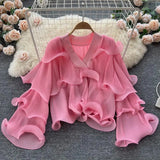 Spring Autumn Women Irregular Ruffle Draped Tops Female Elegant V-Neck Flare Long Sleeve Short Tops Vintage Blouse New