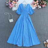 dot holiday casual wide leg jumpsuits V Neck Puff Sleeve Waist Elastic Rompers loose beach long