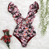 New Print Swimwear Deep V-Neck Ruffle Swimsuit Push Up One Piece Swimsuit Beach Wear Backless