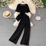 Suit Goddess Fan Irregularly Round Neck Knitted Top Two Sets Of High-Rise Thin Broad Leg