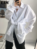 Women White Bandage Big Size Brief Blouse New Lapel Long Sleeve Loose Fit Shirt Fashion Tide Spring Autumn 2023