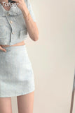 Women Summer Two 2 Piece Set Korean Style Elegant Single Breasted Tassle Short Sleeve Tops And High Waist Bodycon Mini