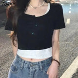 Sleeve T-shirts Women Panelled Fake Two Piece Summer Sweet Slim Ins Korean Style Chic Fashion Street New Minority