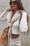 MODA 2023 Winter Women Faux Fur V-Neck Patchwork Cardigan Knitting Short Sweater Chic Long Sleeve Single Breasted Slim