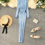 Women Autumn Knitted Dress V Neck Sexy Slim Elastic Oversized Basic Bodycon Long Dress Winter knit Warm Sweater