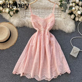 Summer New Sweet Strap Dress Hollow Out Embroidery Waving Backless Women Holiday Beach Dress Chic Fashion