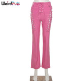 Puss Faux PU Y2K High Waist Pants Women Chic Hollow Out Bandage Sexy Summer Trend Leather Club Trousers Slim