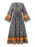 2022 Celmia Bohemian Summer Long Maxi Dress Women Sexy V-neck Floral Printed Party Vestidos Flare Sleeve Bandage Beach