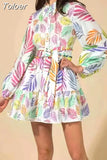 Print Mini Dresses Female Lapel Puff Long Sleeve Single Breasted Patchwork Lace Up Slim Dress For Women Fashion Casual