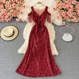 Red/Pink/White Sequins Party Maxi Dress For Women Sexy V-Neck Short Sleeve High Waist Tassel Long Robe Female Elegant