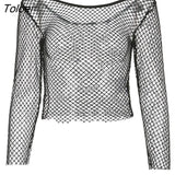 Fishnet Grunge Mall Gothic Women's Sexy T-shirts Punk Black White Transparent Basic Crop Tops Skinny Fashion Clothing