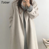 Vintage Belted Wool Coat Woman Thicken Gray Chic Long Jacket Female Winter Autumn Korean Fashion Woolen & Blends