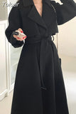 Women Elegant Long Sleeve Woolen Coats Female Simple Solid Winter Warm Overcoat With Belt Office Lady Korean
