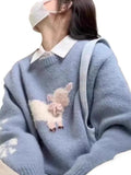 Toloer Goat Round-Neck Blue Sweater Women's Autumn And Winter New Three-Dimensional Bow Short Soft Glutinous Knitted Shirt