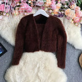 New Spring Autumn Fashion long sleeve buttonless knitted Cardigan short solid color fluffy Sweater Top with short