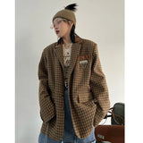 Women Green Plaid Big Size Casual Blazer New Lapel Long Sleeve Loose Fit Jacket Fashion Tide Spring Autumn 2023