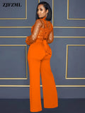 Fashion Mesh Sequin One Piece Jumpsuit Women Turtleneck Lantern Long Sleeve Romper Luxury High Waist Wide Leg Body