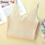 Tops Women Lace V-neck Solid Knitted Leisure Sexy Camisoles Womens Basic Camis All-match Students Slim Korean Style