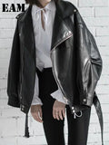 High Quality 2023 Spring Black PU Leather Loose Turn-down Collar Zipper Fashion New Women's Wild Jacket