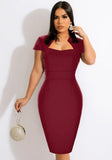 Sexy Square Collar Short Sleeves Solid Midi