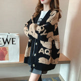 Winter Female Cardigans Loose Streetwear Knitted Sweater Coat Cute Cartoon Print Oversize Cardigan Women V Neck Mid-length